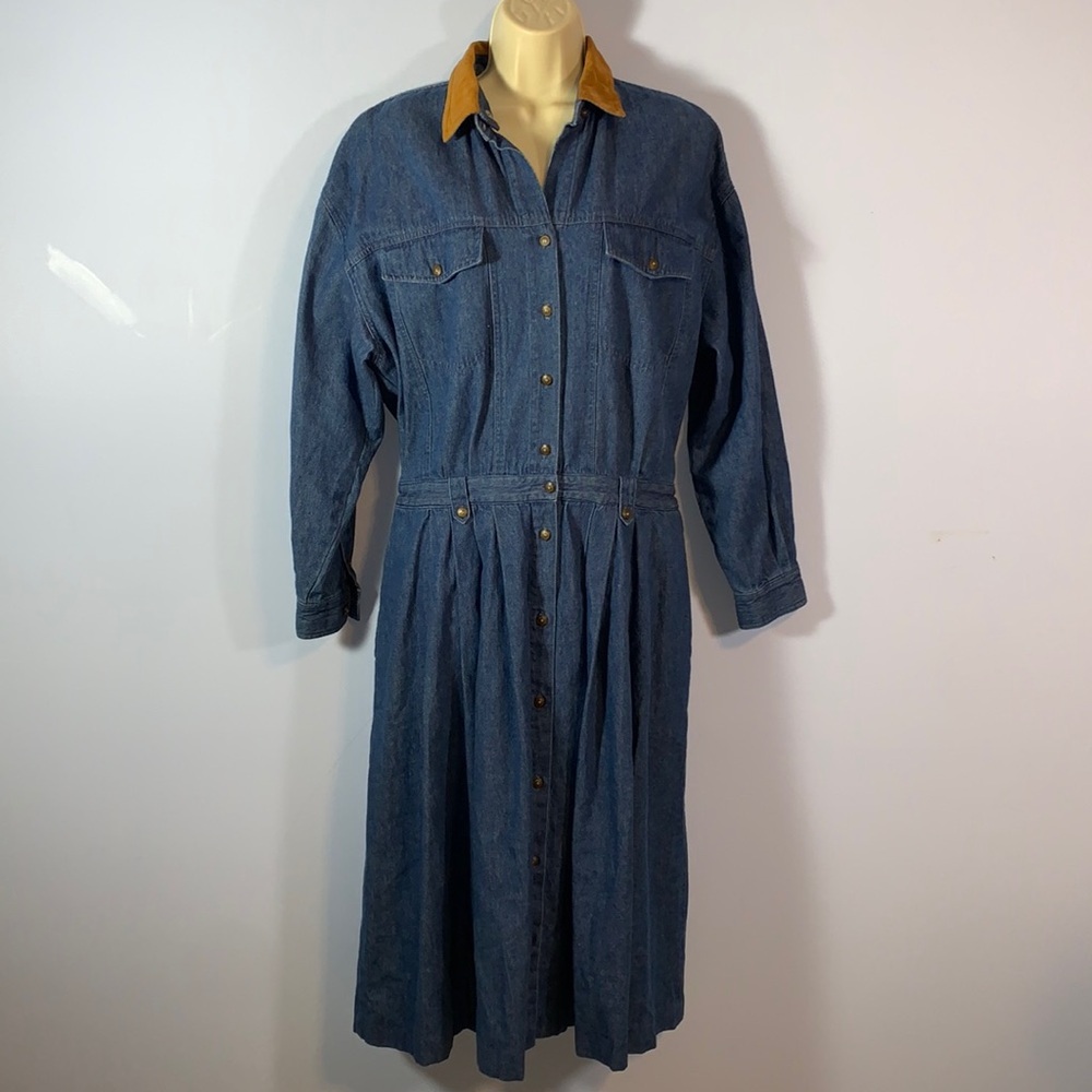 Eddie Bauer dress button down removable collar denim long sleeve pockets L farm